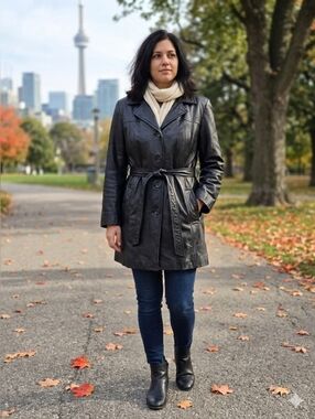 DANIER Canada Black Leather Button Front Trench Coat with Belt L